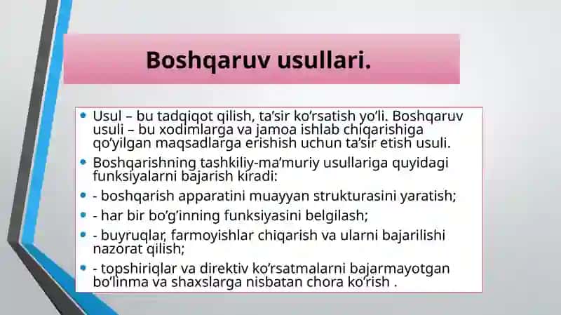 BOSHQARUV USULLARI VA BOSHQARUV MENEJMENTI 3