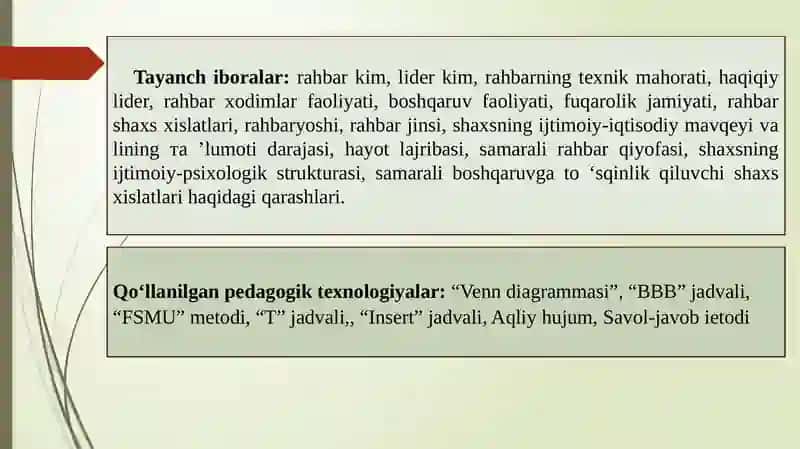 Shaxs va guruhning o‘zaro munosabati. Boshqaruv tizimida psixologik jipslik. Boshqaruv tizimida  rahbar va lider. Boshqaruv tizimida psixologik o‘zaro ta’sir metodlari 3