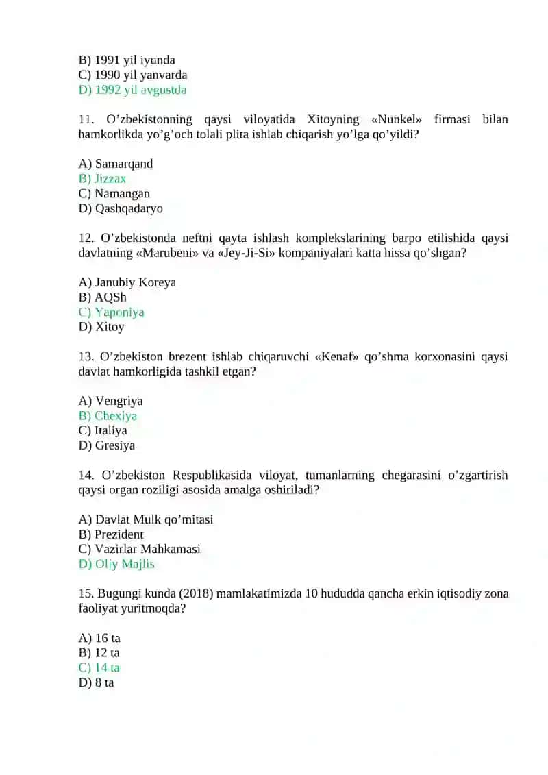 Mustaqillik yillarida O‘zbekistondagi ijtimoiy-iqtisodiy o‘zgarishlar. Test savollari. 3