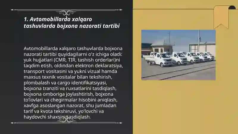 O'ZBEKISTON RESPUBLIKASIDA BAJARILUVCHI AVTOMOBILLARDA XALQARO TASHUVDAGI BOJXONA OPERATSIYALARI 3