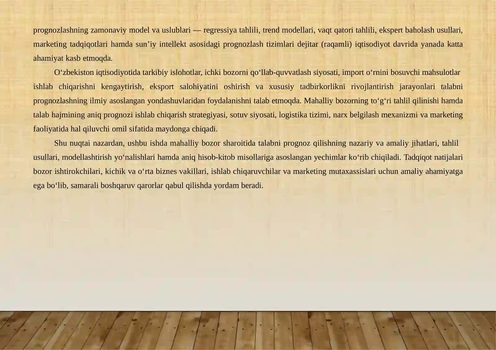 MAHALLIY BOZORIDA TALABNI PROGNOZ QILISH VA BERILGAN MASALAGA ANIQ YECHIMLAR ISHLAB CHIQISH 3