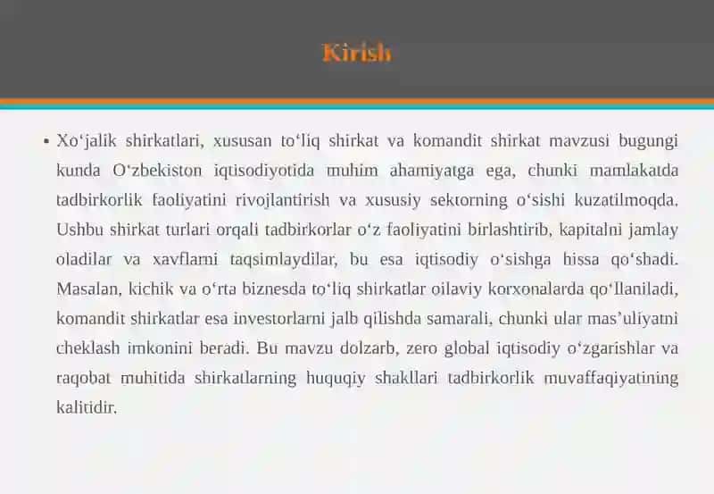 Xo‘jalik shirkatlari.To‘liq shirkat va komandit shirkat 3
