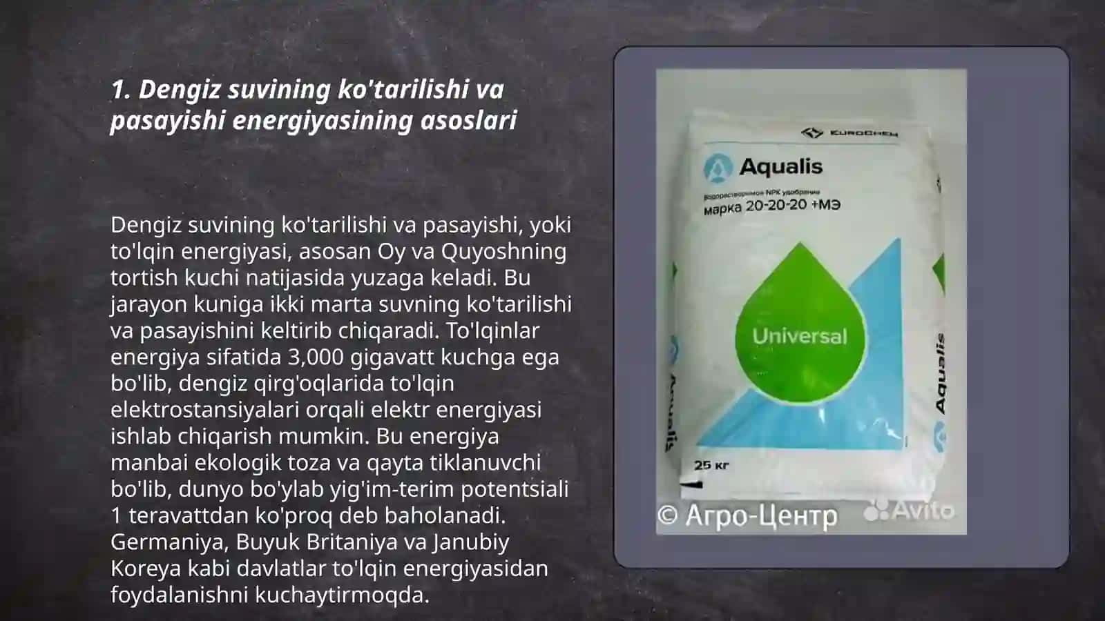 Dengiz suvining koʼtarilishi va pasayishidan hosil boladigan energiya zaxiralari va boshqa energiya zaxiralari 3