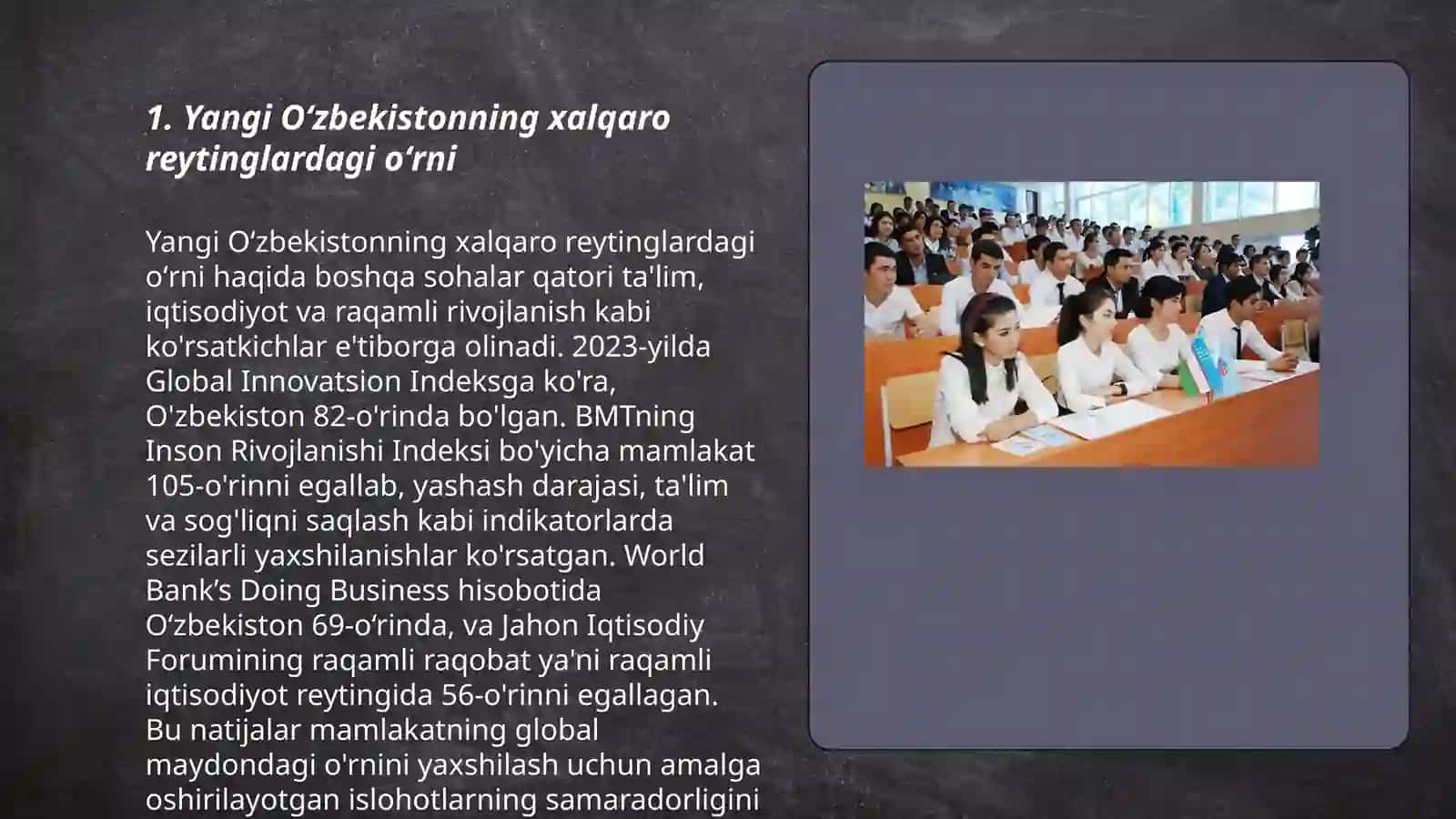 Yangi Oʻzbekistonda ijtimoiy-siyosiy iqtisodiy va madaniy hayotida roʻy berayotgan oʻzgarishlarning xalqaro reytingi va idekslarda aks etishi 3