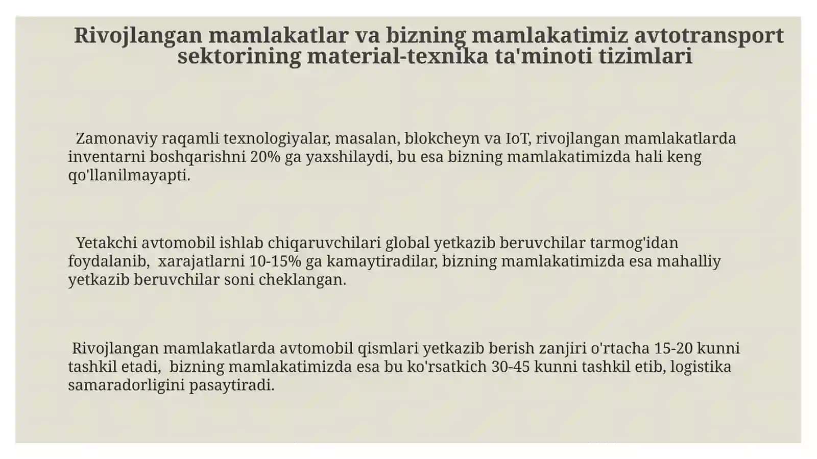 Rivojlangan Mamlakatlardagi Avtotransport Sektorining Materiallar va Texnik Ta'minot Tizimlari 3