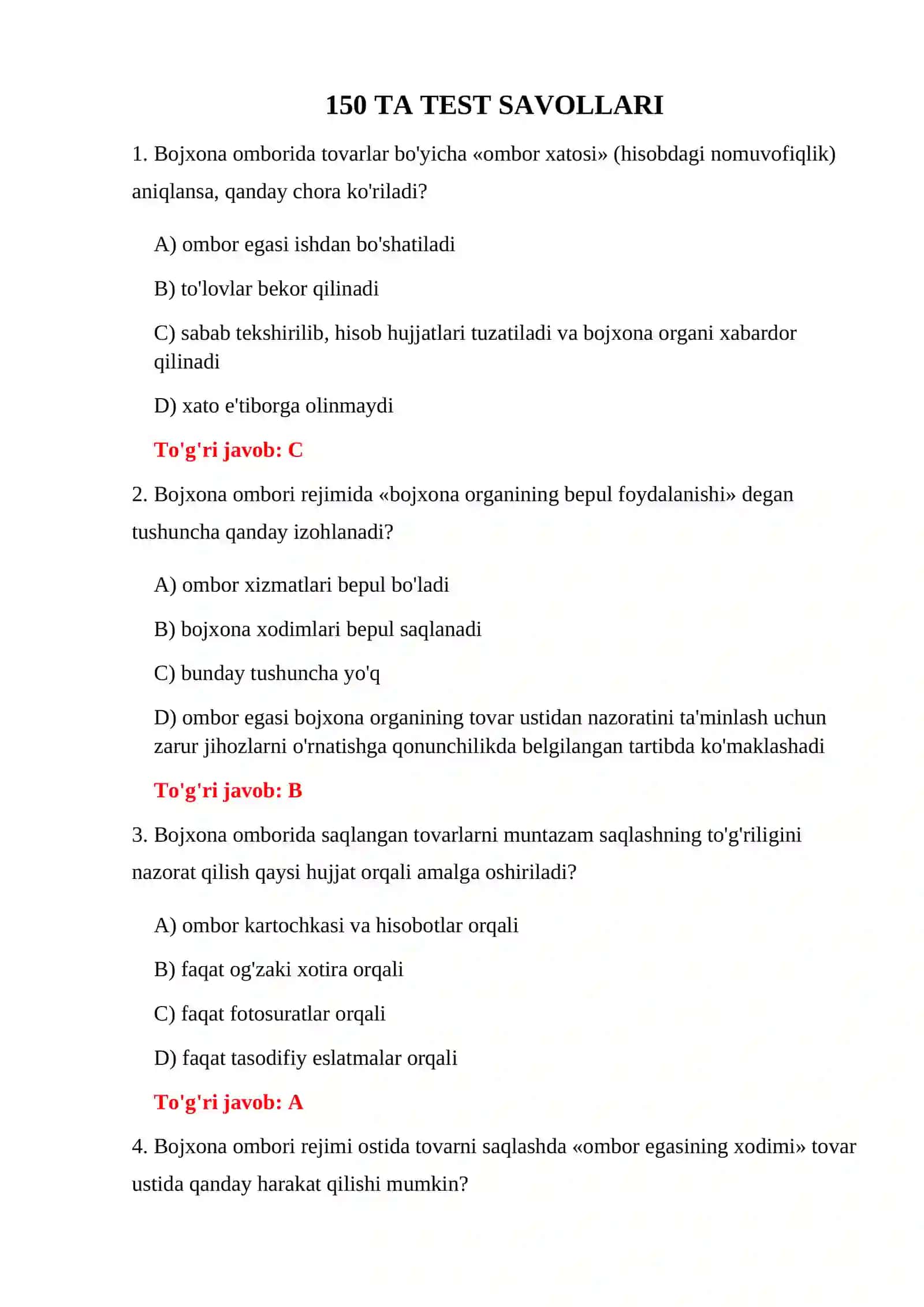 BOJXONA OMBORI NAZORATI TESTLARI 3