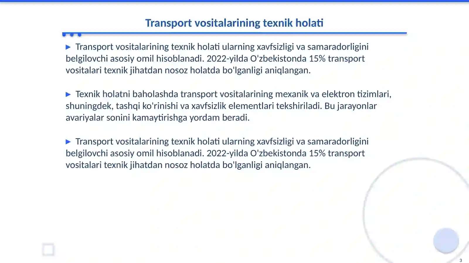 Havfsiz harakatlanishni ta'minlashda transport vositalari tehnik holatining ahamiyati 3