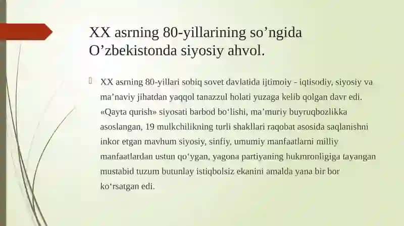XX asrining 80-yillarining so'ngida O‘zbekiston siyosiy, iqtisodiy va ijtimoiy muammolar 3