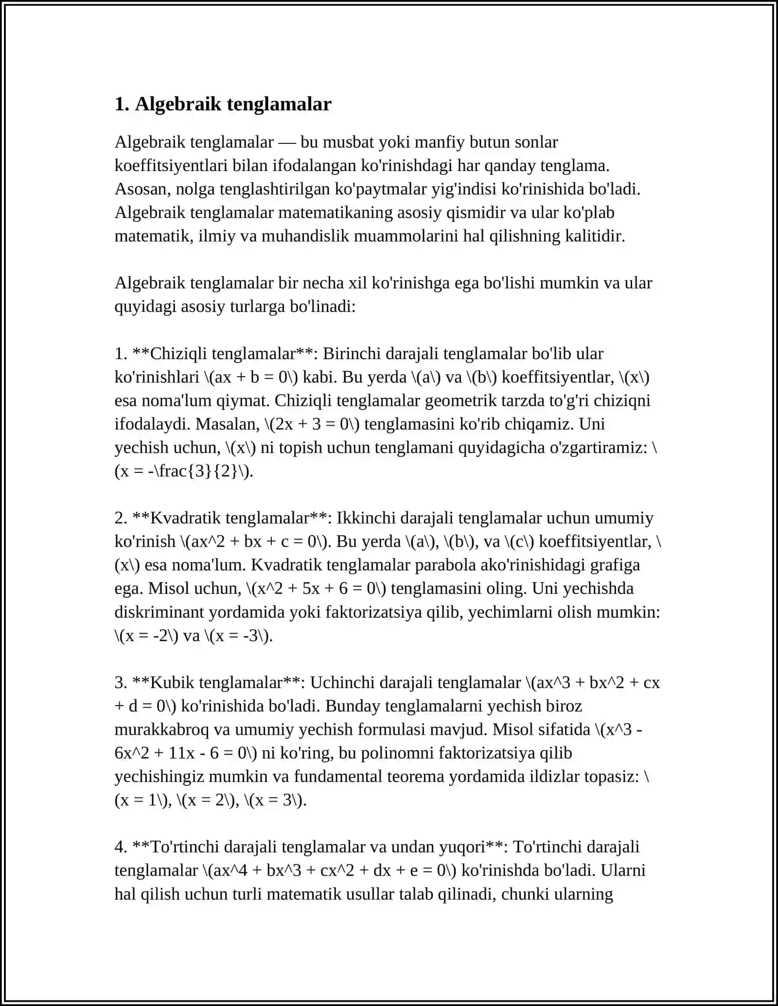 Algebraik tenglamalar 3