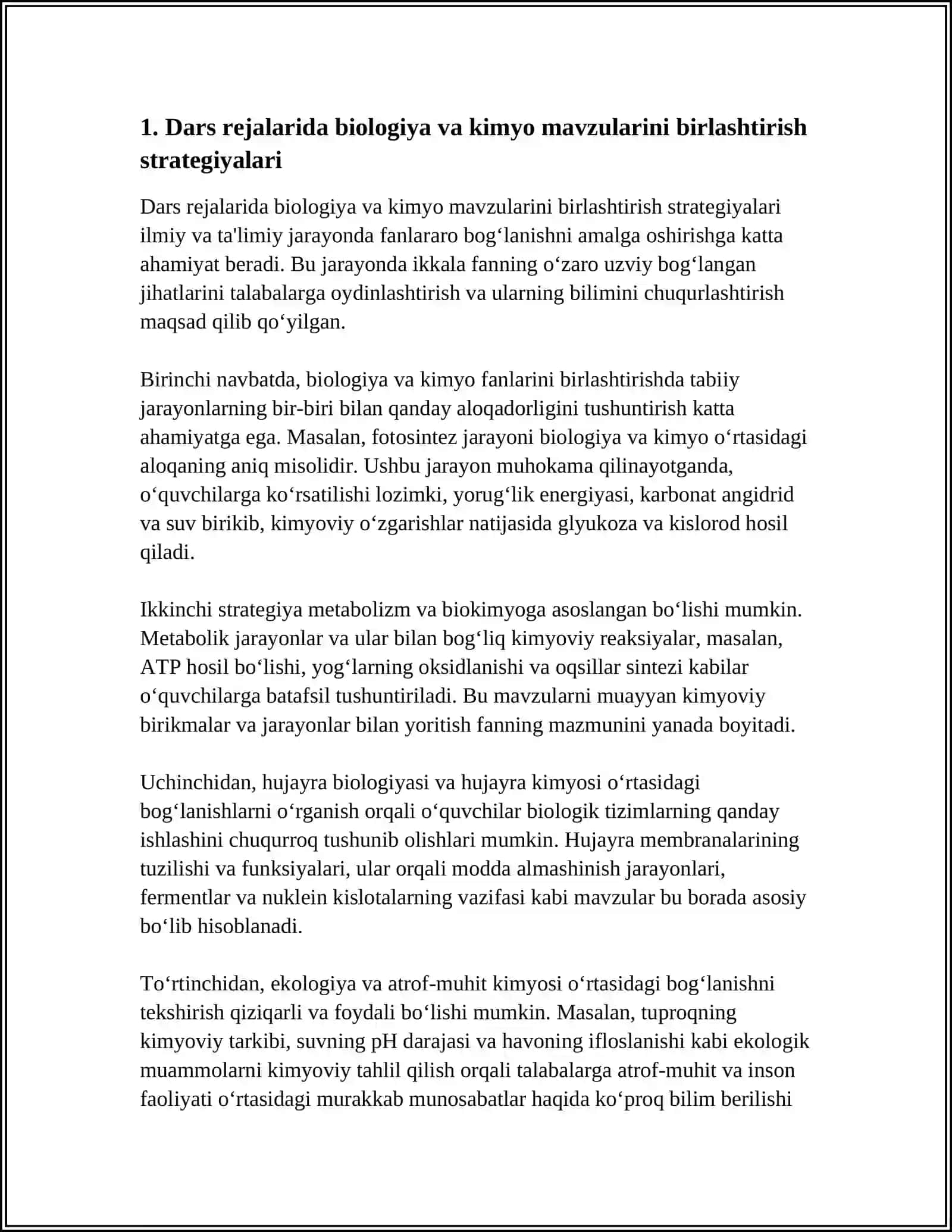 BIOLOGIYANI OʻQITISHDA KIMYO FANI BILAN FANLARARO BOGʻLANISHNI AMALGA OSHIRISH YOʻLLARI 3