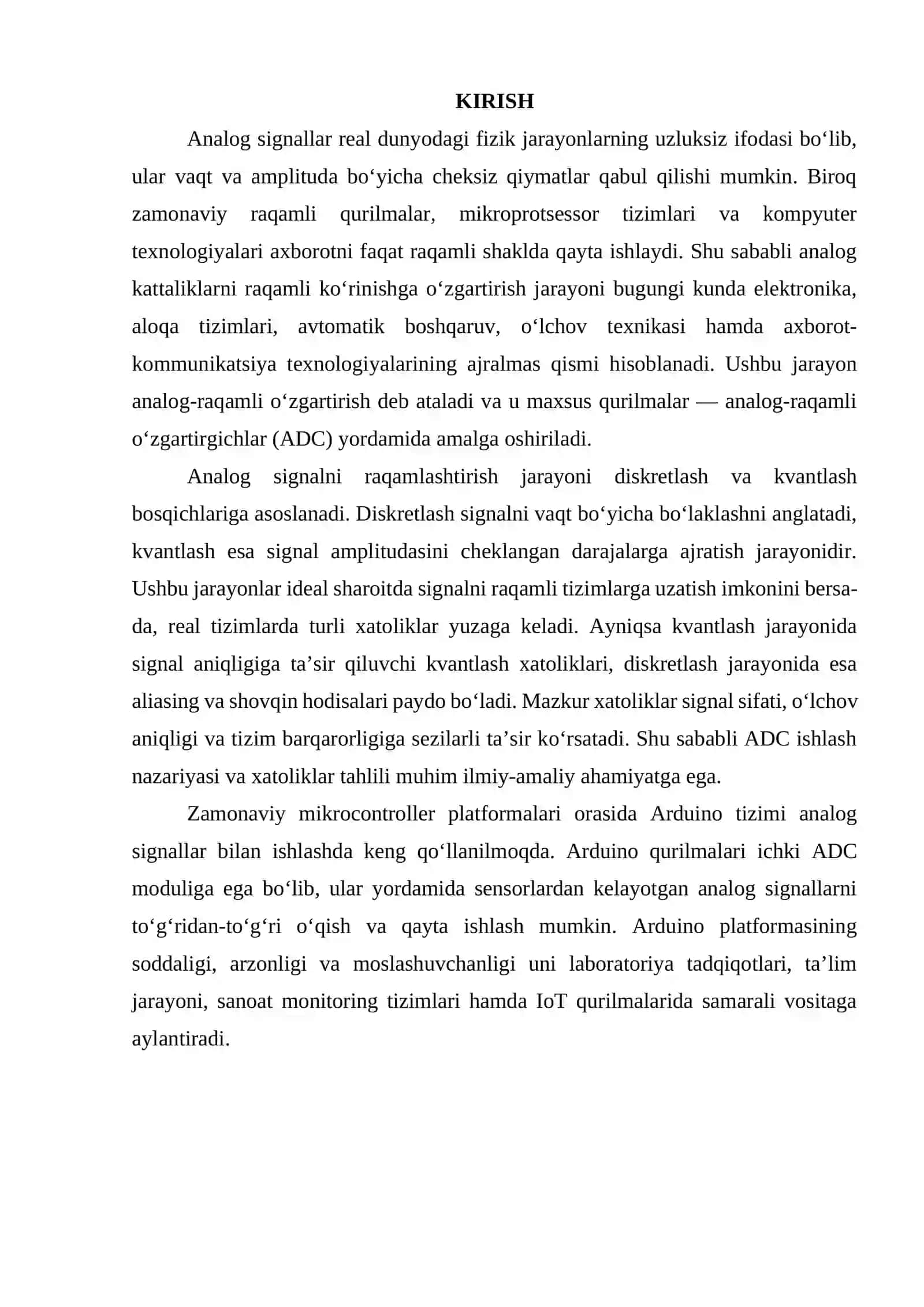 ADC kvantlash xatolari va signal diskretlash nazariyasi. Arduino asosida analog raqamli o’zgartirgich qurilmasi ishlab chiqish. 3