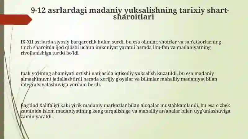 9-12 asrlarda madaniy yuksalishning tarixiy shart-sharoitlari va asosiy yo'nalishlari 3