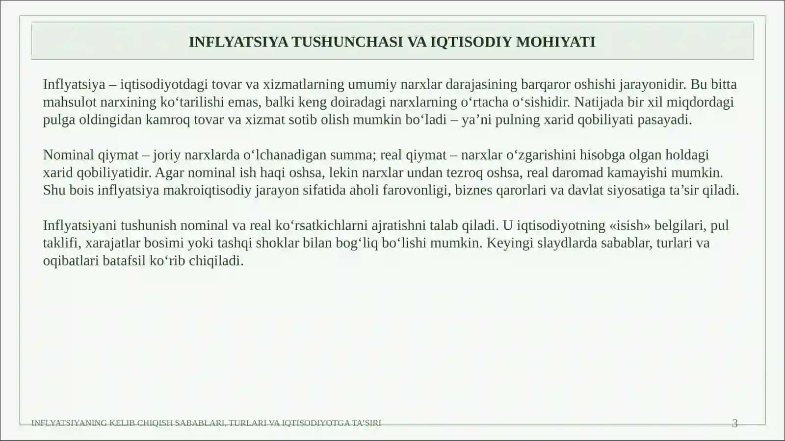 INFLYATSIYANING KELIB CHIQISH SABABLARI, TURLARI VA IQTISODIYOTGA TA’SIRI 3