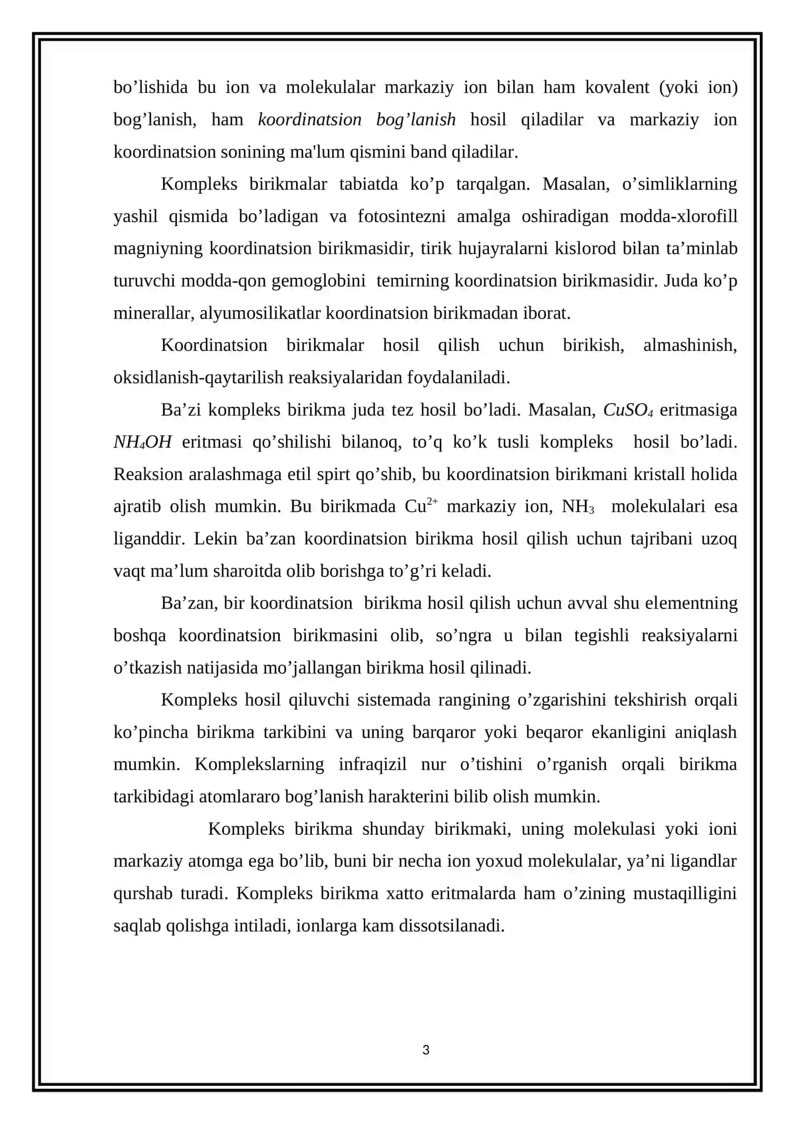Tetraamminkuprosulfat tuzini olinishi va xossalari 3