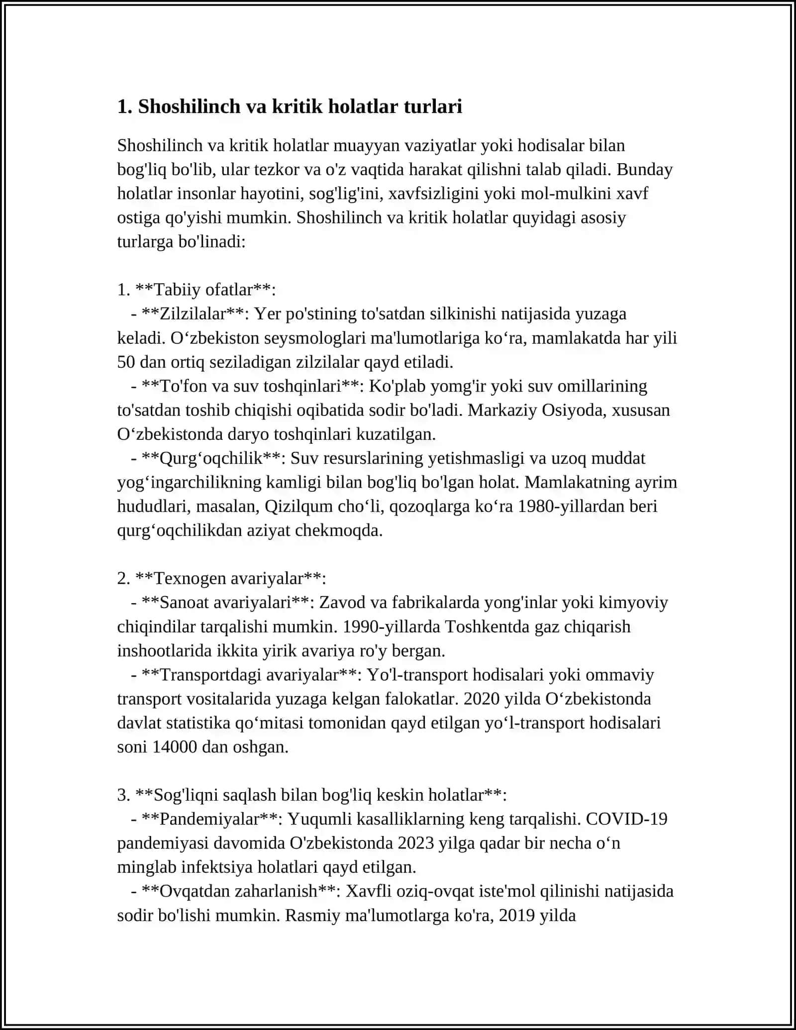 SHOSHILINCH VA KRITIK HOLATLAR XAQIDA MALUMOT, KELIB CHIQISH SABABLARI VA TURLARI XAQIDA MALUMOT 3
