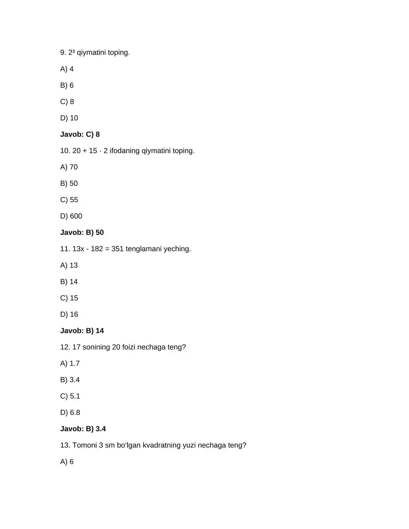 abitureyentlar uchun matematika testi va javobi 3