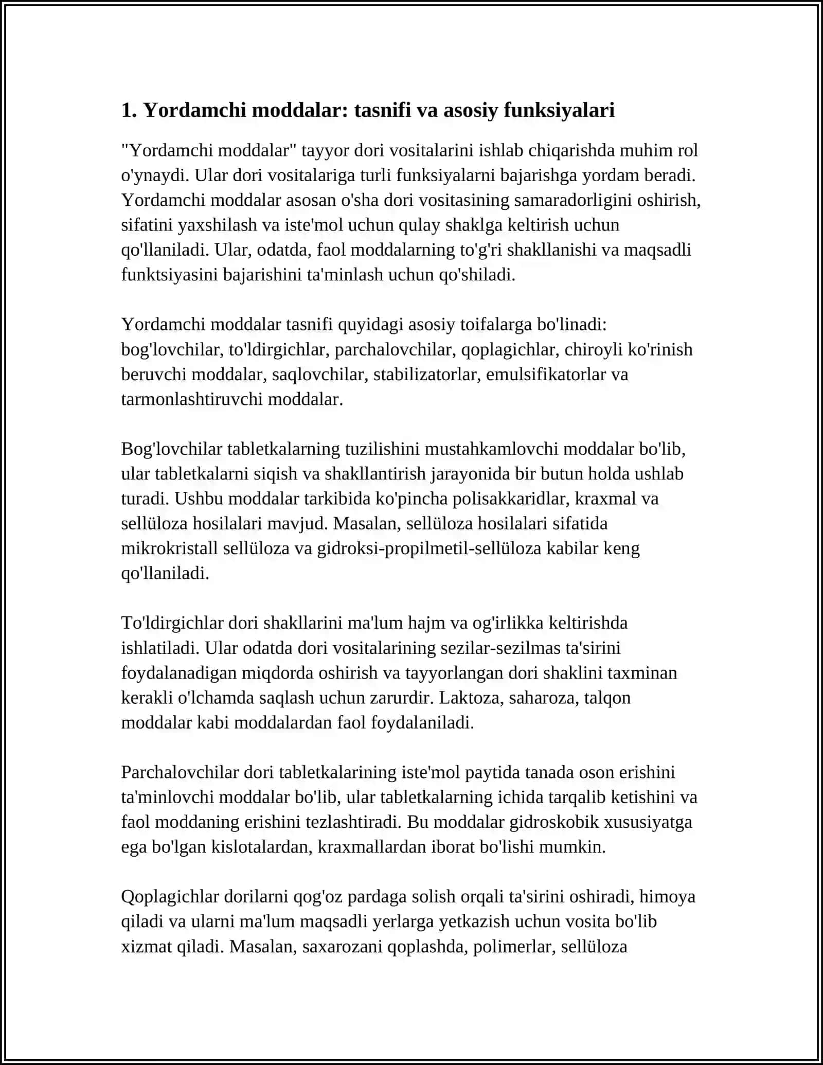 TAYYOR DORI VOSITALARINI ISHLAB CHIQARISHDA ISHLATILADIGAN YORDAMCHI MODDALAR 3
