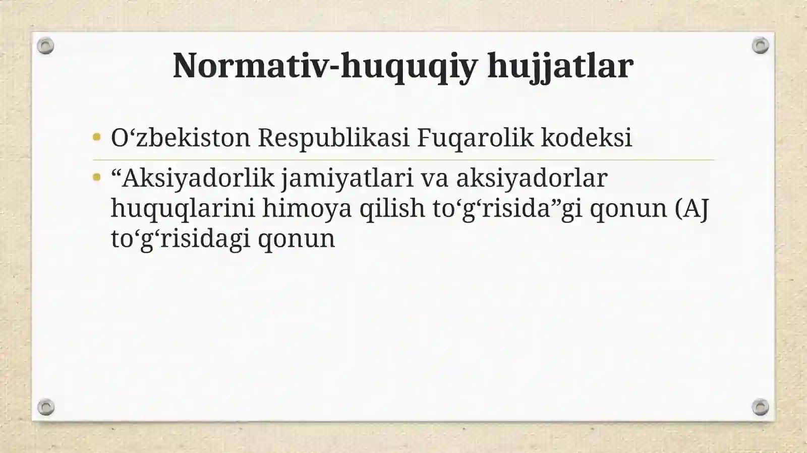 Aksiyadorlik jamiyatining aksiyalarini va boshqa qimmatli qog‘ozlarini joylashtirish hamda olish 3