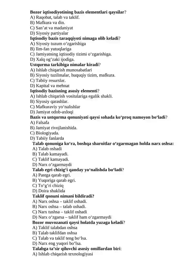 Mikroiqtisodiyot fanidan test savollari 3
