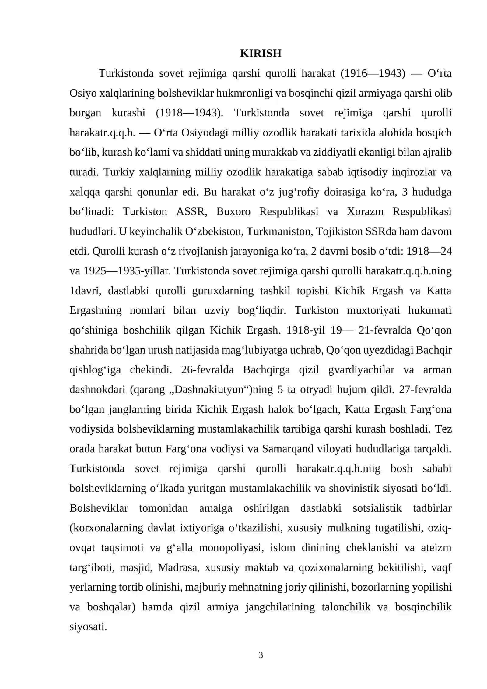 Turkiston o‘lkasida milliy ozodlik va istiqlol uchun qurolli harakatning boshlanish sabablari, kuchlari va bosqichlari 3