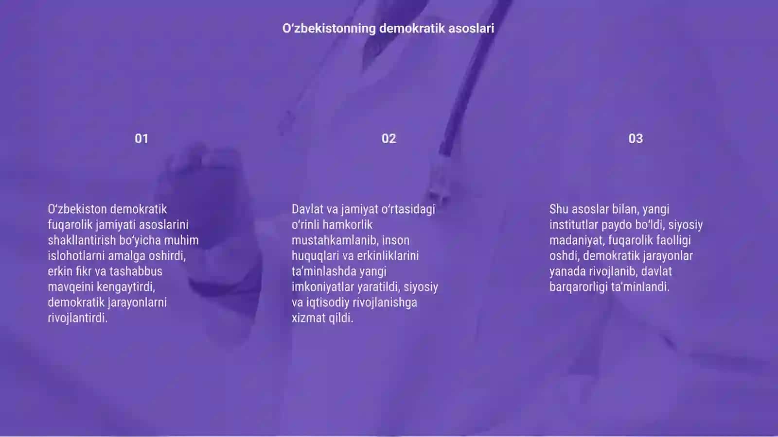 Oʻzbekiston demokratik fuqarolik jamiyati asoslarini shakllanishi amalga oshirilgan asosiy islohotlar 3