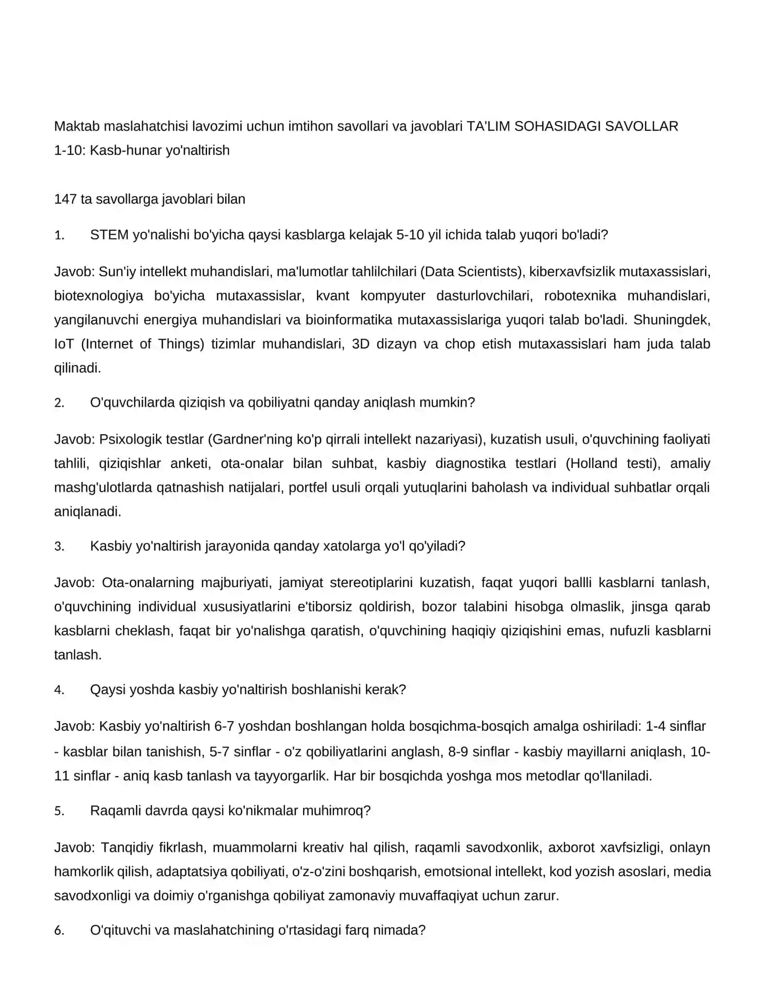 Maktab maslahatchisi lavozimi uchun imtihon savollari va javoblari TA'LIM SOHASIDAGI SAVOLLAR 3