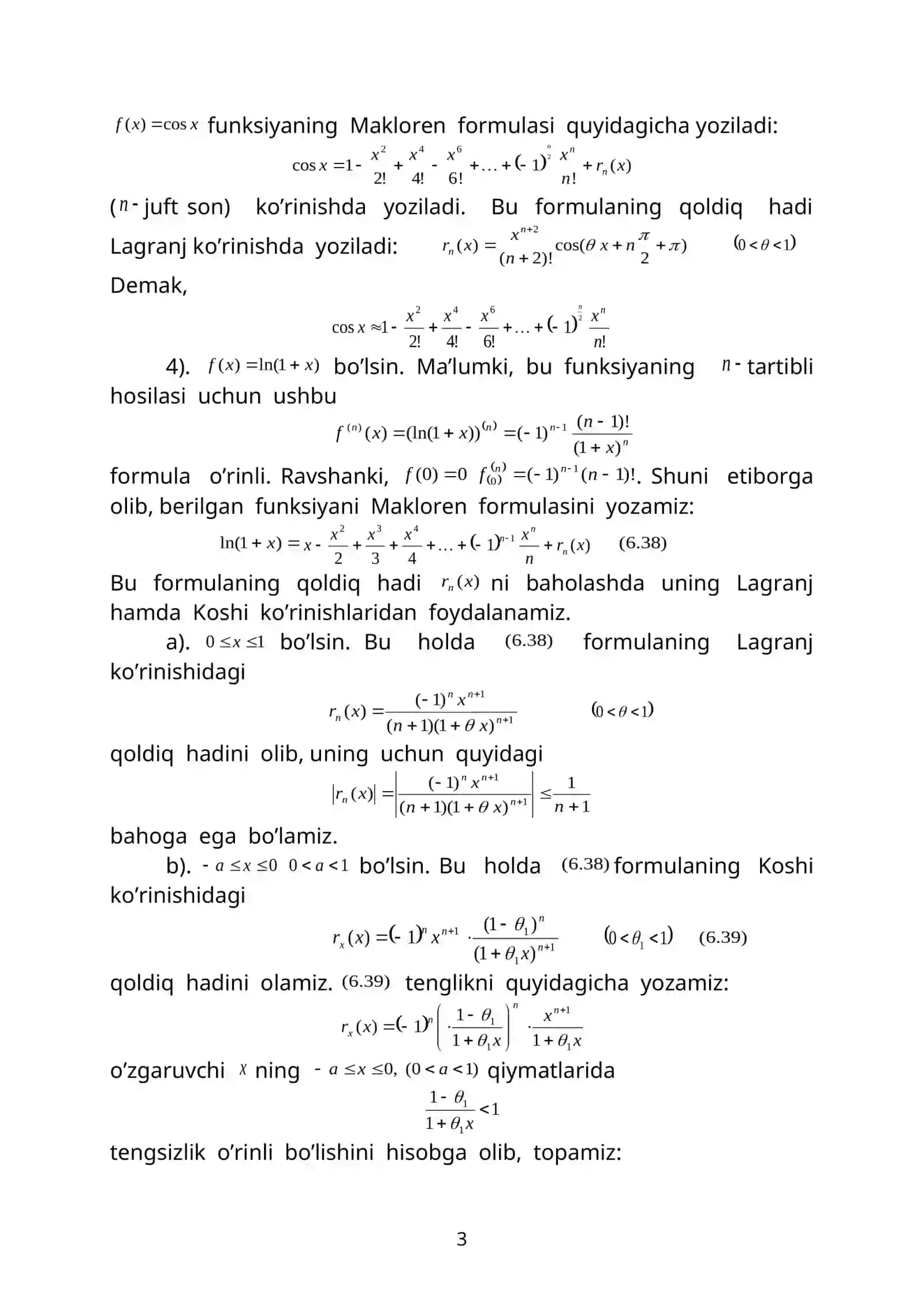 Lagranj ko’rinishidagi qoldiq hadli Makloren formulasini qaraylik 3