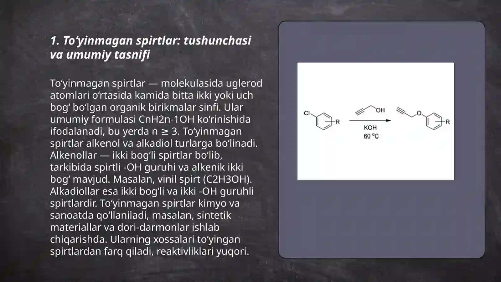 To‘yinmagan spirtlar. Olinsh xossalari. Vinil va propargir spirtlari hosilalari. Spirtlarning fiziologik xossalari 3