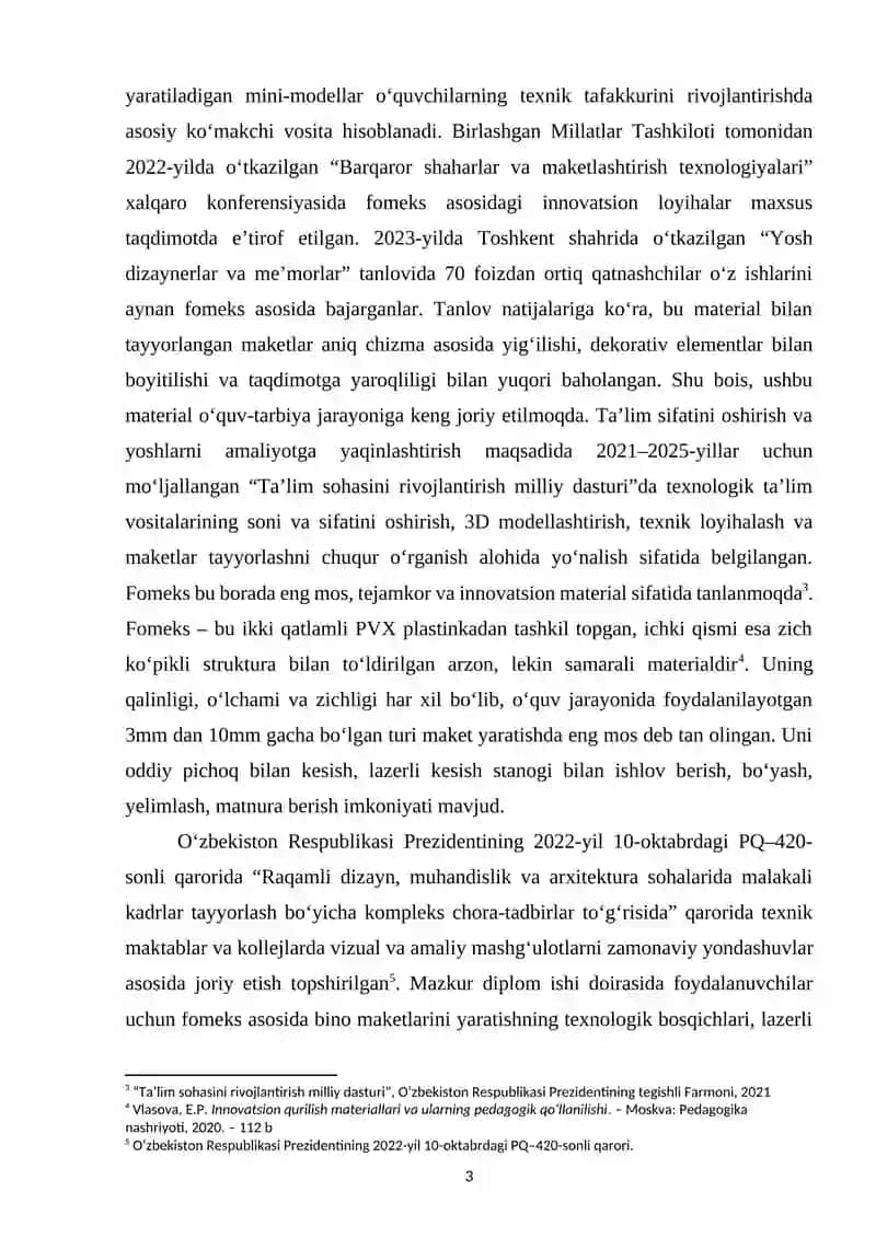 ARXITEKTURA ELEMENTLARI VA BINO MAKETINI LOYIHALASHDA FOMEKS MATERIALLARIDAN FOYDALANISH METODIKASI 3