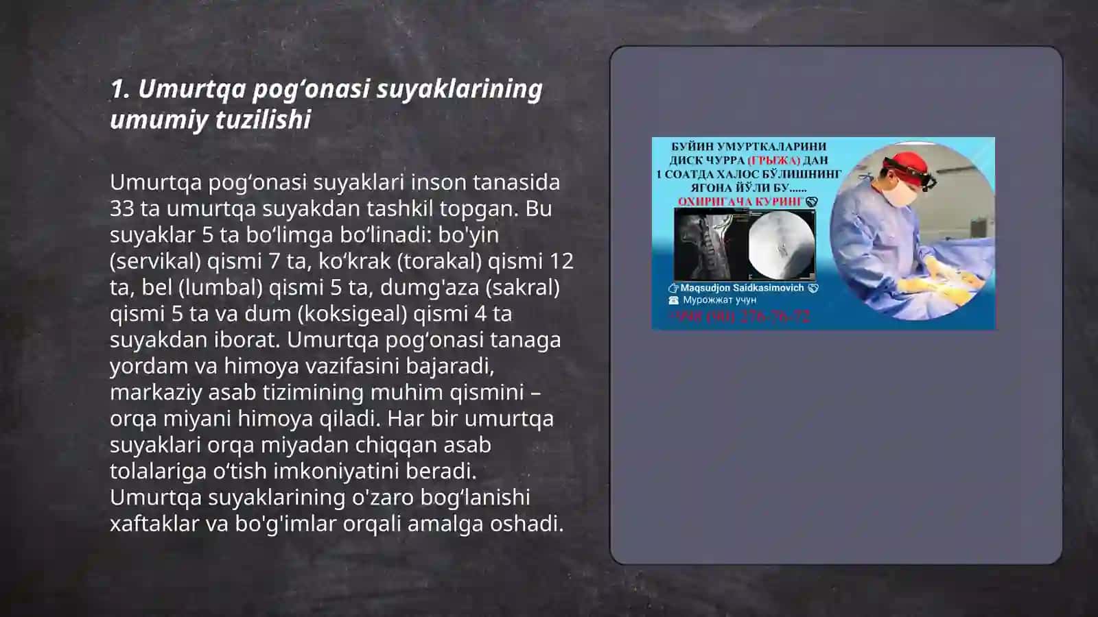 Umurtqa pogʻonasi suyaklari (birinchi va ikkinchi boʻyin umurtqalari,boʻyin umurtqalari,koʻkrak umurtqalari,bel va dumgʻaza umurtqalari) 3