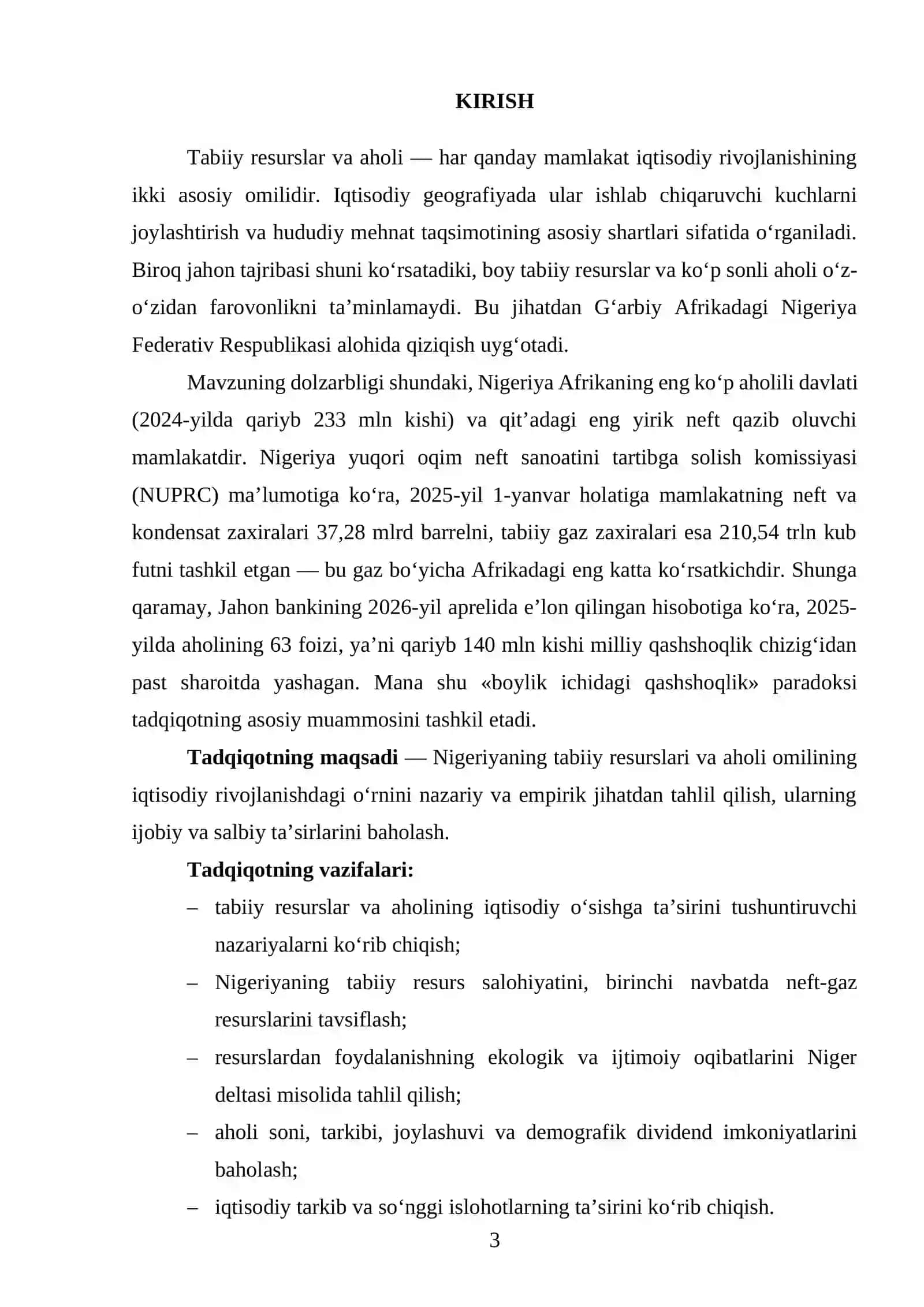Nigeriyaning tabiiy resurslari va aholi omilining iqtisodiy rivojlanishdagi o‘rni 3