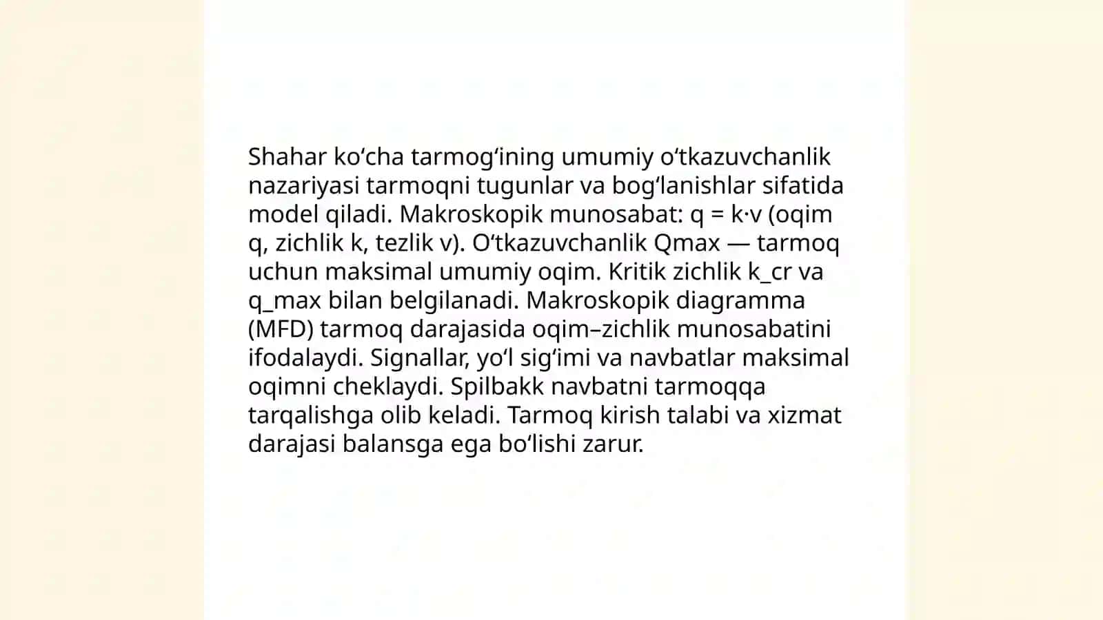 Shahar koʻcha tarmogʻini oʻtkazuvchanlik qobiliyati 3