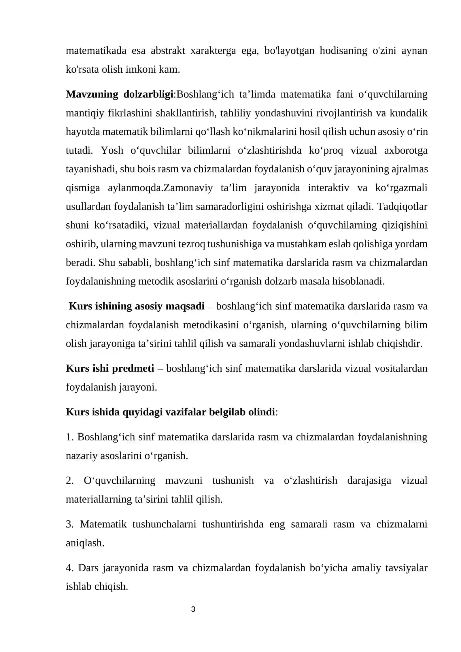 Boshlang’ich sinf matematika darslarida rasm va chizmalardan foydalanish metodikasi. Kurs ishi 3