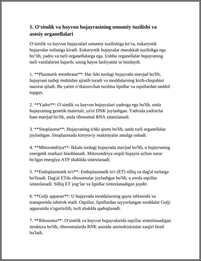 O'SIMLIK VA HAYVON HUJAYRASIDAGI O'XSHASHLIK VA FARQLAR 4