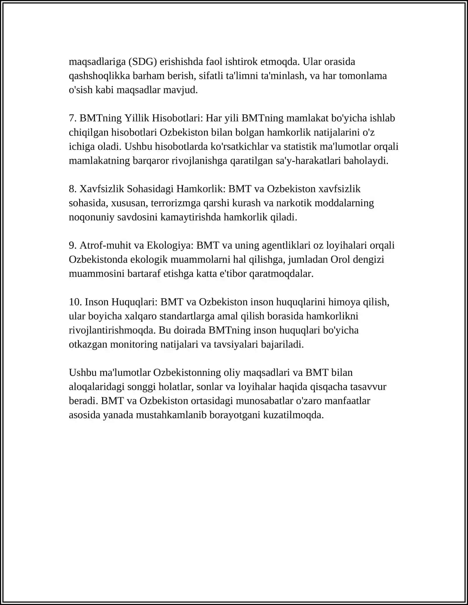 O'ZBEKISTONNING XALQARO TASHKILOTLAR BILAN HAMKORLIK ALOQASI 4