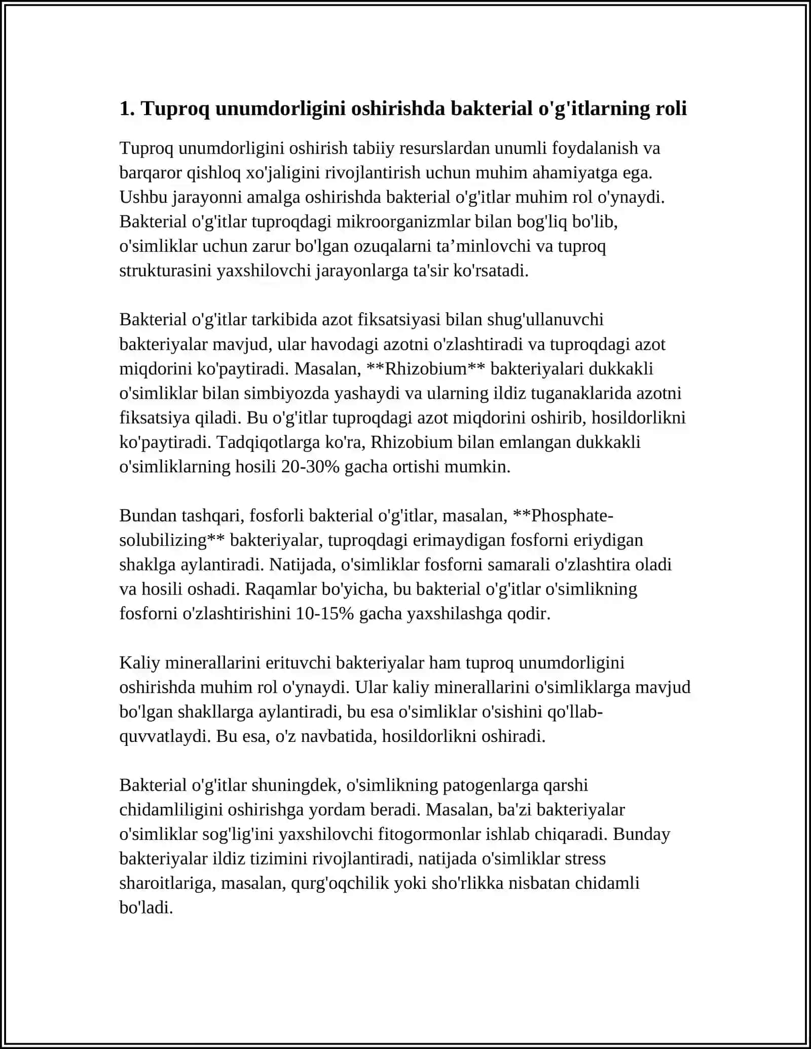 TUPROQ UNUMDORLIGINI OSHIRISHDA BAKTERIOLOGIK OʻGʻITLAR QOʻLLASH HAMDA MAZKUR OʻGʻITLARNI MADANIY OʻSIMLIKLARNI BIONAZORAT QILISHDAGI OʻRNI 4