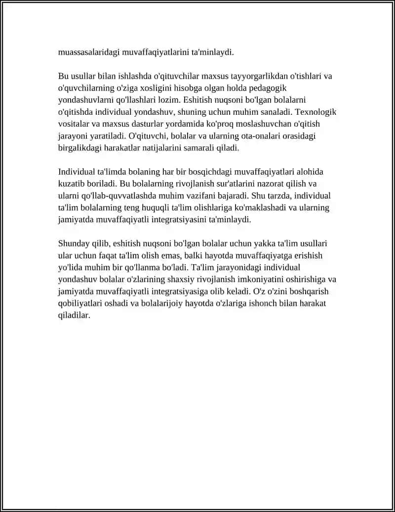 ESHITISHDA NUQSONI BO'LGAN BOLALARNI O'QITISHNI TASHKIL ETISH SHAKLLARINI XILMA XIL TURLARI, HAR BIR TURINING TAVSIFNOMASI 4
