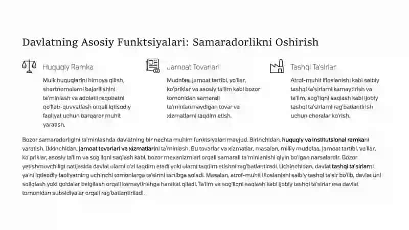 Davlatning iqtisodiyotdagi roli va o'rni. Bozor iqtisodiyotidagi davlat funktsiyalari 4