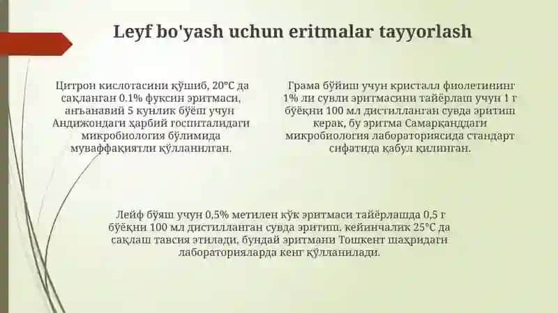 Bakteriologik bo‘yoqlarning asosiy va ishchi eritmasini tayyorlash 4