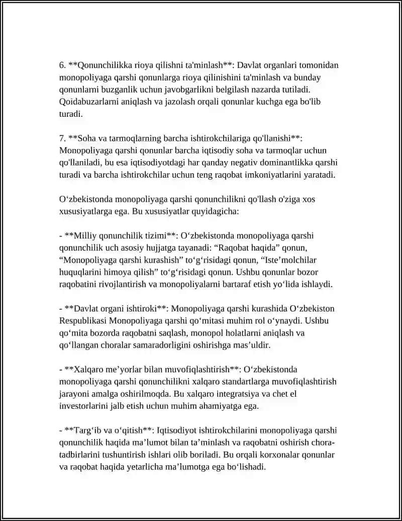 MONOPOLOGIYAGA QARSHI QONUNCHILIK VA UNI OʻZBEKISTONDA QOʻLLASHNING OʻZIGA XOS XUSUSIYATLARI 4