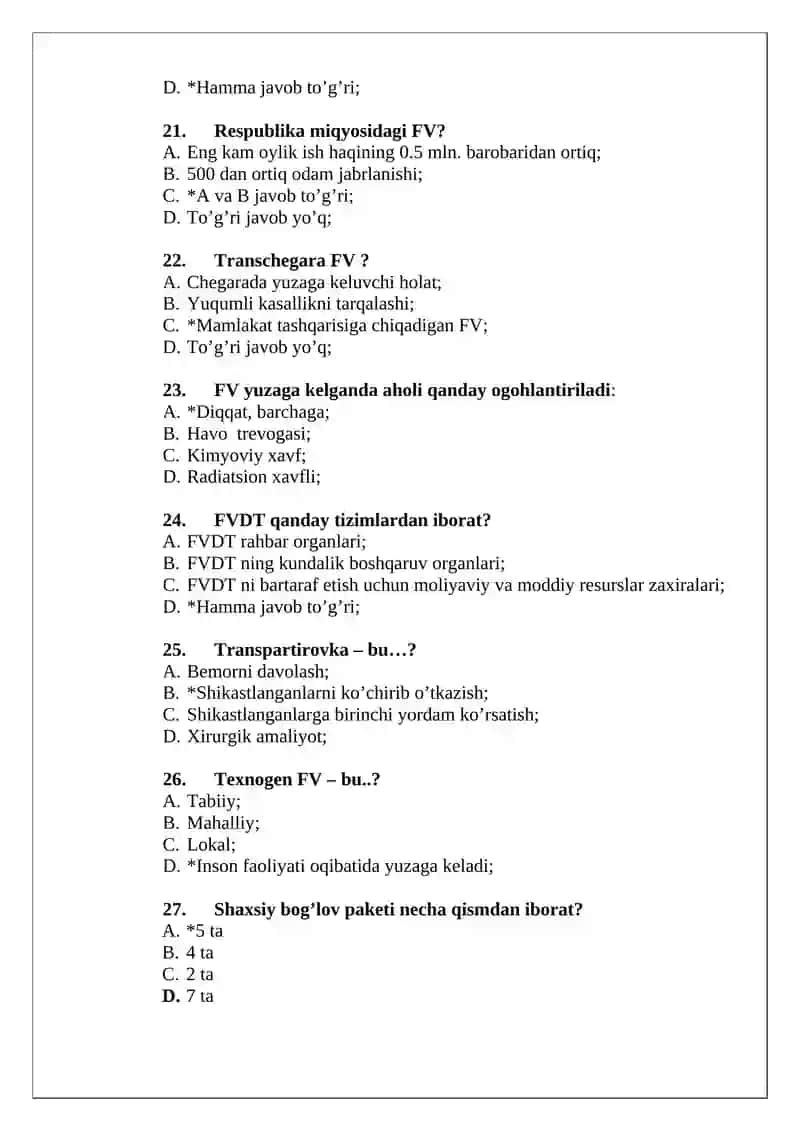 FAVQULOTDA HOLATLAR MEDITSINASI FANIDAT TEST 4