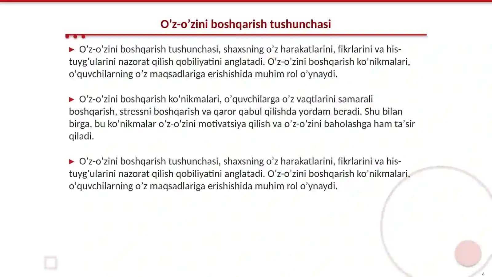 Akmeologik taʼlimda oʼquvchilarning oʻz-oʻzini boshqarish koʻnikmalarini shakllantirish 4