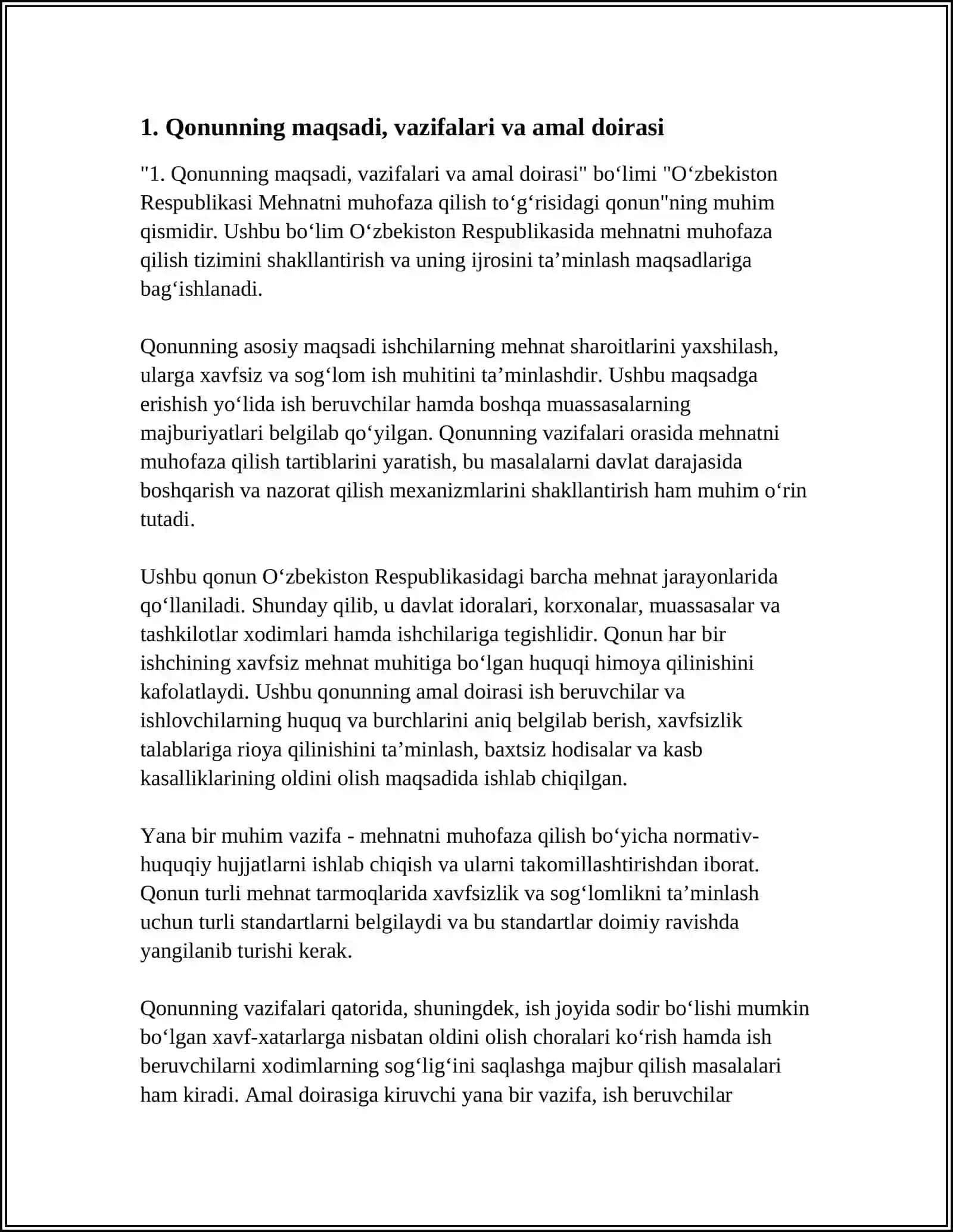 O‘zbekiston Respublikasi Mehnatni muhofaza qilish to‘g‘risidagi qonun Referat 4