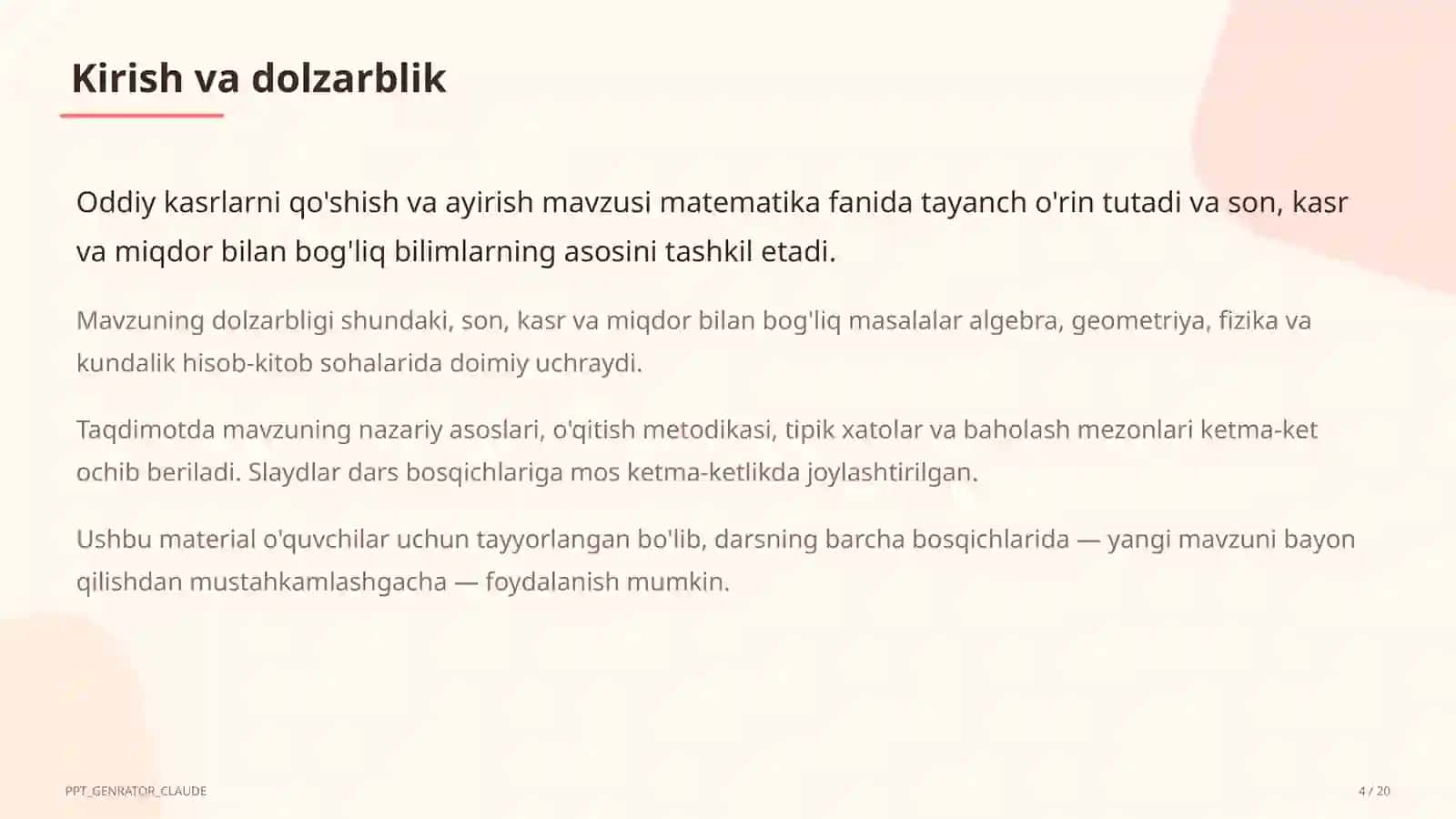 Oddiy kasrlarni qo'shish va ayirish (5-sinf) 4