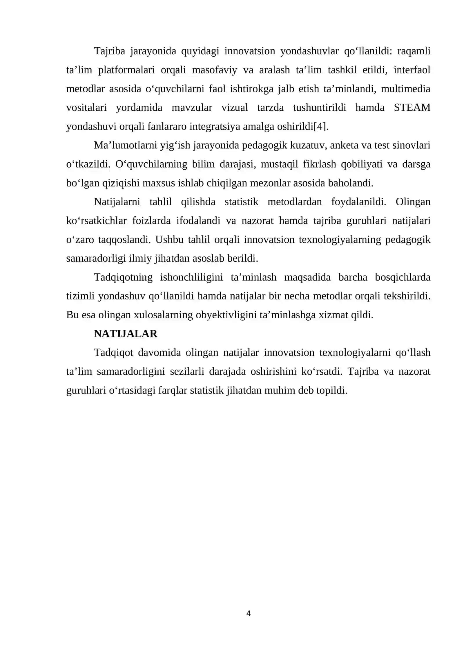 TА’LIM-TАRBIYА JАRАYОNIDА INNОVАTSIОN TEXNОLОGIYАLАRDАN FОYDАLАNISHNING PEDАGОGIK SАMАRАDОRLIGI 4