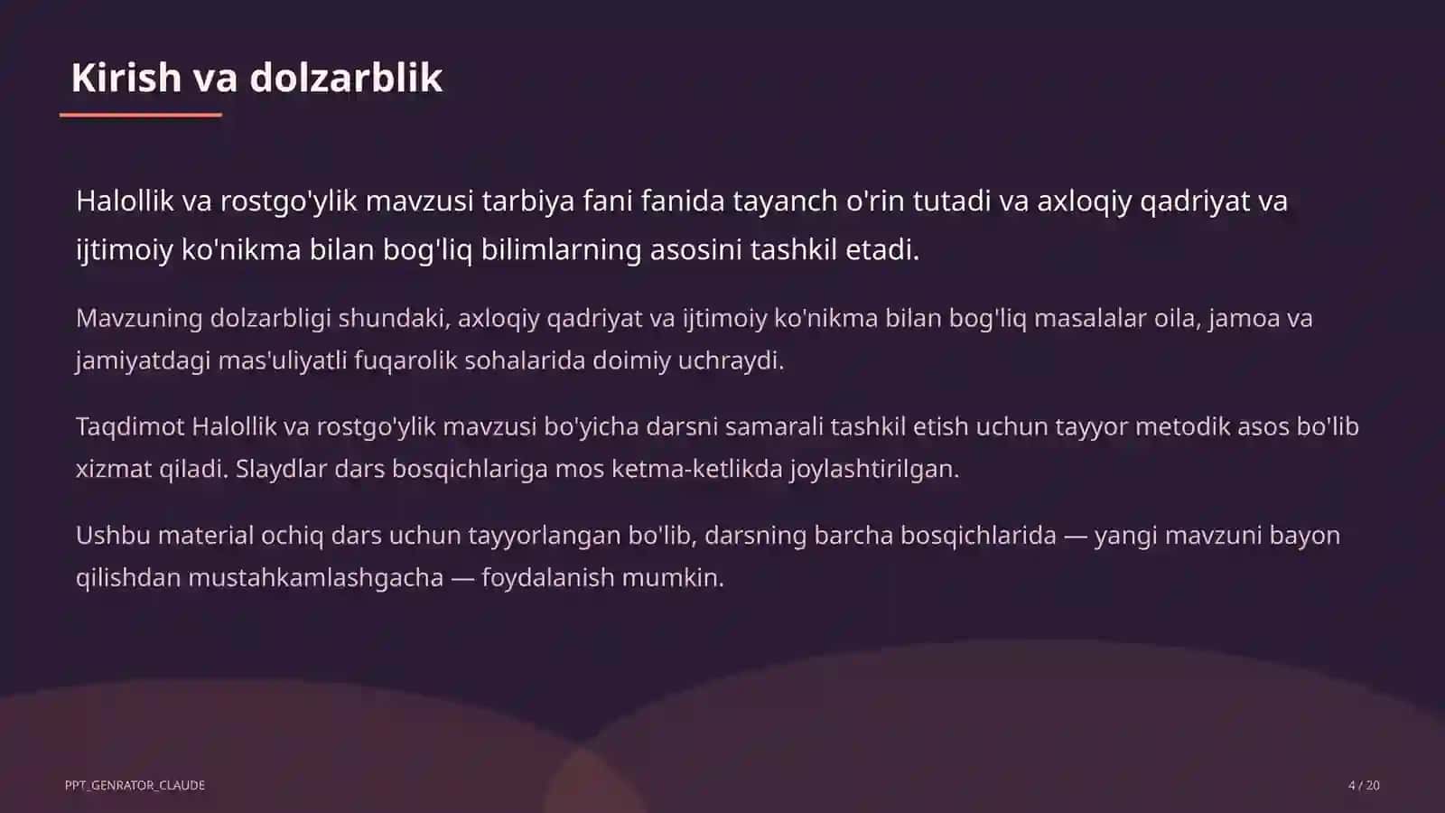 Tarbiya fani (1–11) — ochiq dars uchun 4