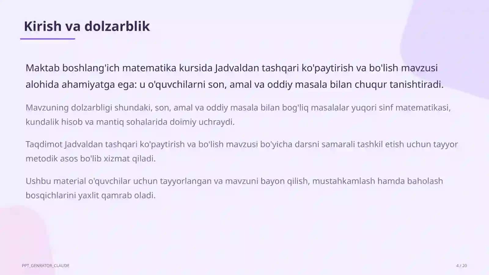 Jadvaldan tashqari ko'paytirish va bo'lish (3-sinf) 4