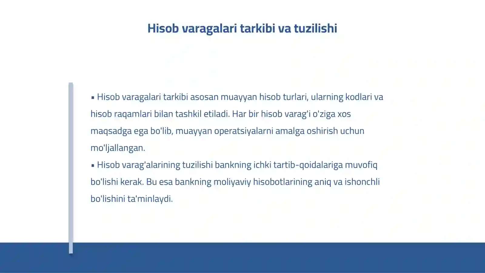Banklarda qo'laniladigan hisob varagalari rejasi va uning tarkibi 4