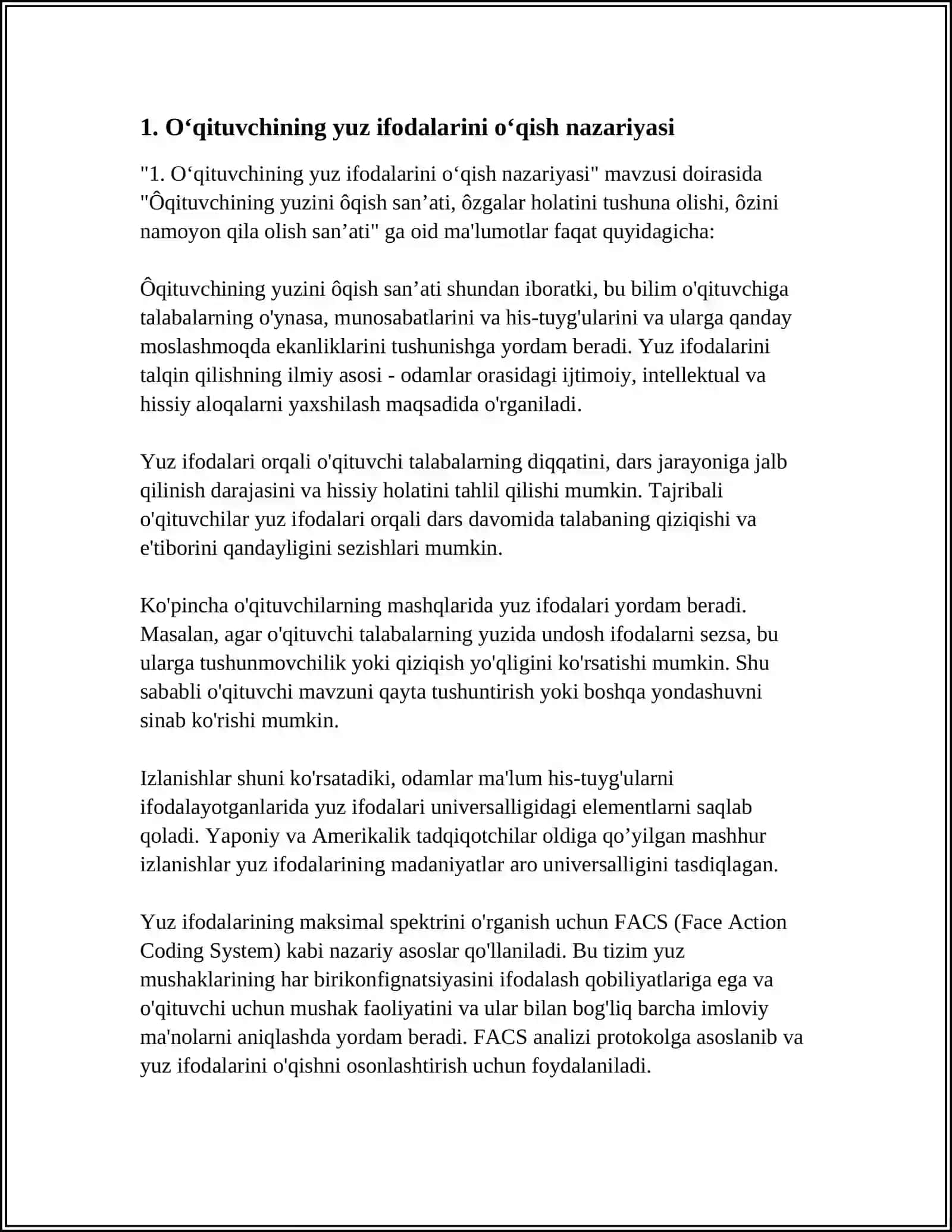 ÔQITUVCHINING YUZINI ÔQISH SANʼATI, ÔZGALAR HOLATINI TUSHUNA OLISHI, ÔZINI NAMOYON QILA OLISH SANʼATI 4