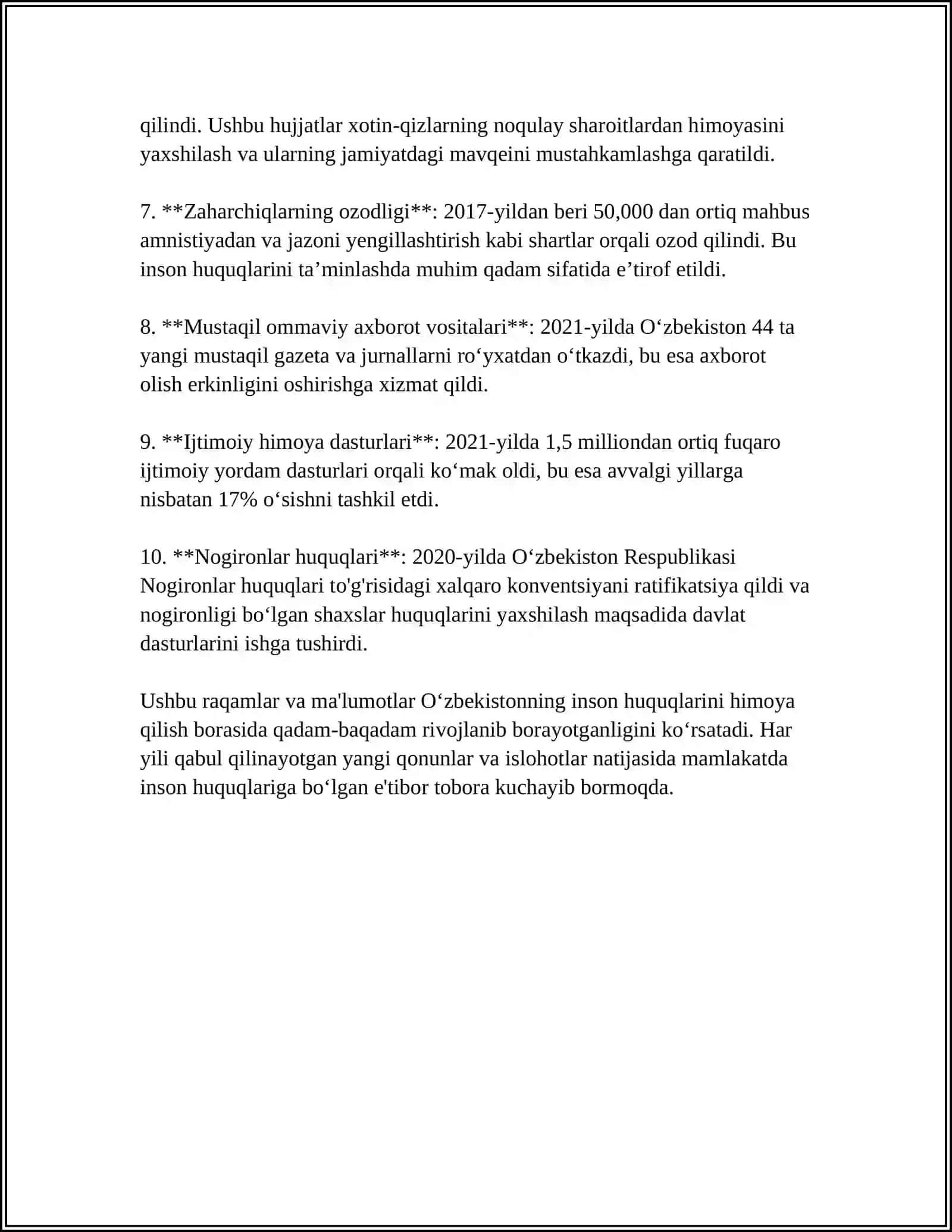 YANGI OʻZBEKISTONDA INSON HAQ HUQUQLARI VA ERKINLIKLARINI YARATILISHI 4